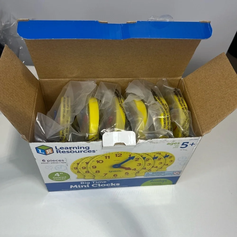 NEW Learning Resources Big Time Mini Clocks 6 pack - open box with sealed packs
